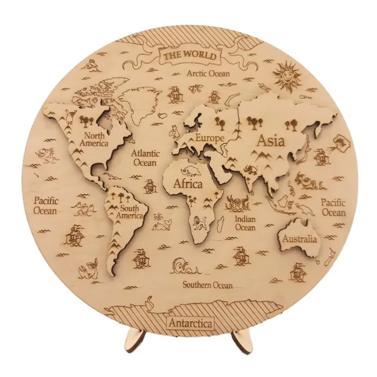 Laser cut kids birthday gift wooden puzzle world map 3d world map puzzle