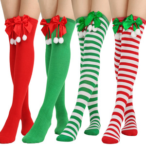 Bow Boule <span class=keywords><strong>de</strong></span> Noël boule sur les chaussettes au genou Long tube pour femme Europe et États-Unis vacances Noël bas rayés - Product Image 2