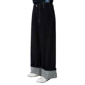 Jeans Baggy Homme en Denim Selvedge Noir Délavé à Ourlet Roulé Style Streetwear – Vente en Gros - Product Image 6