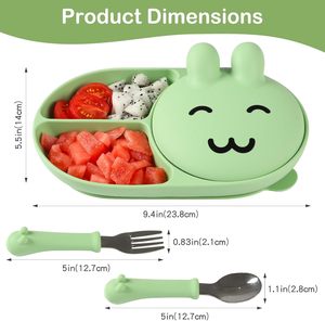 Nouvelle sortie : Assiette d'alimentation pour bébé en silicone réutilisable, incassable et compatible micro-ondes, ensemble repas bébé Lapin avec cuillère et fourchette - Product Image 4