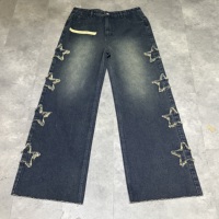 Pantalon en jean délavé personnalisé avec logo, style vintage, délavé au soleil, hip-hop, appliqués, coupe droite, décontracté, avec patchs