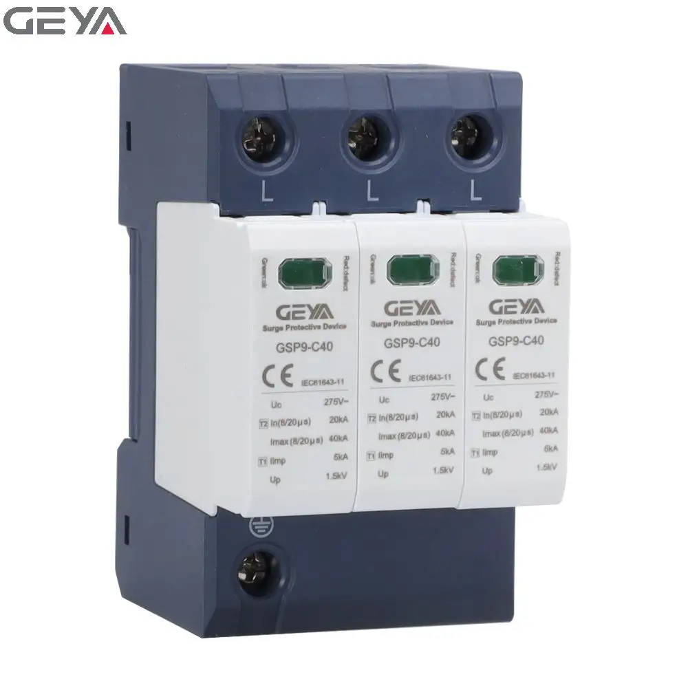 GEYA GSP9-C40-3P 40KA 광전지 40KA 1000V DC SPD 2P 12V 20-40KA 큰 파도 피뢰기 가격을 위한 3 단계 큰 파도 보호 장치