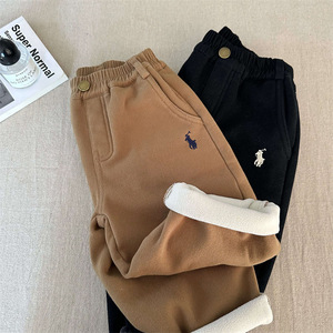 Boys' Casual Fleece Lined Pants Solid Color Cotton Knitted Winter 2024 Thickened Elastic Waist Long Trousers For Toddlers - Product Image 2