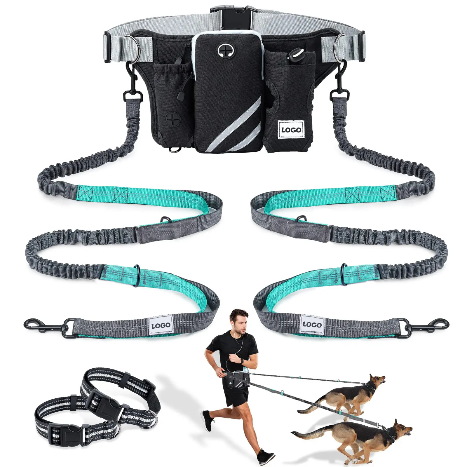 カスタマイズされたロゴ反射屋外ウォーキングスポーツハンズフリーカニクロス犬の鎖セットランニング用ウエストパックバッグベルト付き
