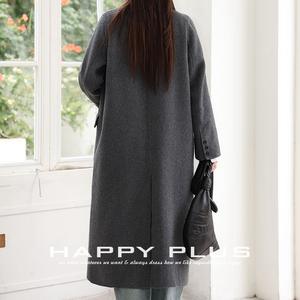 Manteau mi-long en laine double face pour femme Happy Plus, couleur unie avec boutons, grande taille N9084 - Product Image 1