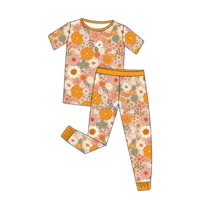 Haute qualité foudre imprimé bébé filles tenues élastique à manches courtes 2 pièces pyjamas enfants vêtements personnalisé vêtements de nuit en bambou