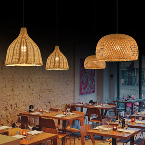 Bamboo Pendant Lamp Round E26 Led <b>Light</b> Source Single Head Chandelier For Tea Room Restaurant Hotel Leisure Venues - Product Image 4