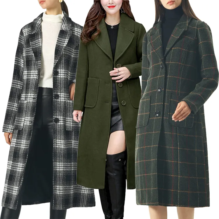 Ladies Stylish Long Coats Women's Big Notch Lapel Single Breasted Mid-long Wool Blend Coat Trench Women Worsted Coats