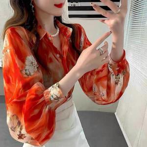 Nuova <span class=keywords><strong>Camicetta</strong></span> in Chiffon con Stampa Floreale <span class=keywords><strong>Arancione</strong></span>, Camicie da Donna con Maniche a Lanterna, Top Ampio Protettivo dal Sole, Blusa Femme 6959 # - Product Image 1