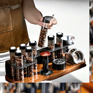 Lot de 6 tubes de stockage de café en bois écologiques de 120g, forme carrée, dose unique, avec valve - Tamper à expresso en bois de noyer noir - Product Image 3