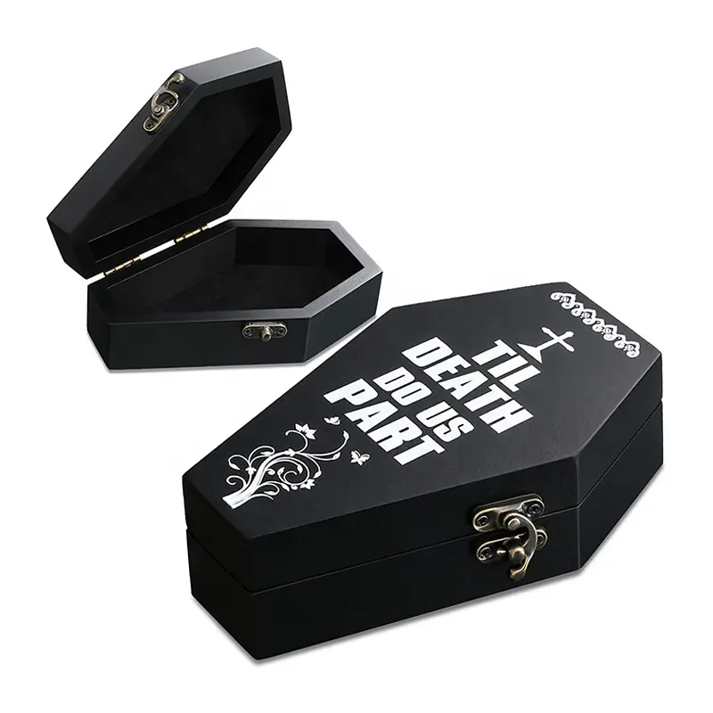 Großhandel Custom Logo Verpackung Schwarze Halloween-Boxen mit Scharnier deckel Holz Sarg Aufbewahrung sbox