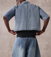 Ensemble short en jean orné de strass pour homme, 2 pièces, chemise boutonnée à manches courtes oversize, style vintage délavé, tenue décontractée streetwear