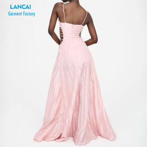 Tùy Chỉnh Phụ Nữ Gown Sexy Ăn Mặc Hoa Hồng Spaghetti Dây Đeo Hoa Hồng Trở Lại Dây Kéo Cao Slit Pleated Maxi Ăn Mặc Bên Buổi Tối Ăn Mặc - Product Image 2