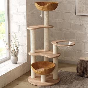 Rumah Kucing Modern Veyoda dari Kayu Solid Ramah Lingkungan dengan Anyaman Rotan, Tiang Garukan <span class=keywords><strong>Sisal</strong></span> 3 Tingkat - Product Image 3