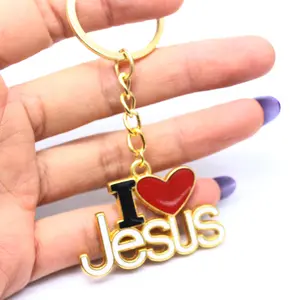 Брелок для ключей KOMI золотого цвета «Я люблю Иисуса», подвеска в форме сердца, религиозные подарки из сплава, ювелирные изделия для верующих