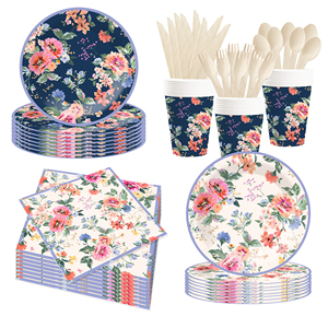 DAMAI - Juego de Vajilla Desechable de Papel con Diseño Floral Estilo Chino, Platos Redondos para Postre y Cena, Servilletas y Vasos, Artículos para Fiestas - Product Image 2