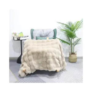 Cuatro estaciones felpa hinchada Color liso burbuja Imitación Piel de conejo suave 100% poliéster manta Super lujo manta para el hogar