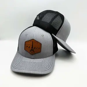 Venta al por mayor gorras de camionero Logotipo de parche de cuero personalizado 6 paneles de malla trasera Richardson 112 sombreros de camionero