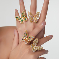 Anillo Abierto de Latón con Diseño de Mariposa Geométrica, Chapado en Oro de 14K, con Circonita, Estilo Lujoso, Unisex, para Oficina/Trabajo