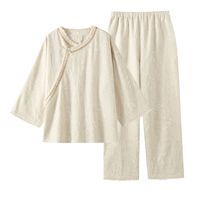Pyjama long en coton et lin pour femmes, ensemble de style ethnique haut de gamme, printemps/été/automne, couleur unie, manches longues avec dentelle