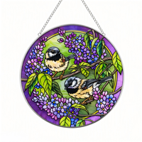 YAPPIE HD-0071 Attrape-soleil en vitrail Art Déco avec couple de moineaux et fleur violette, décoration de fenêtre, cadeau d'anniversaire, personnalisable