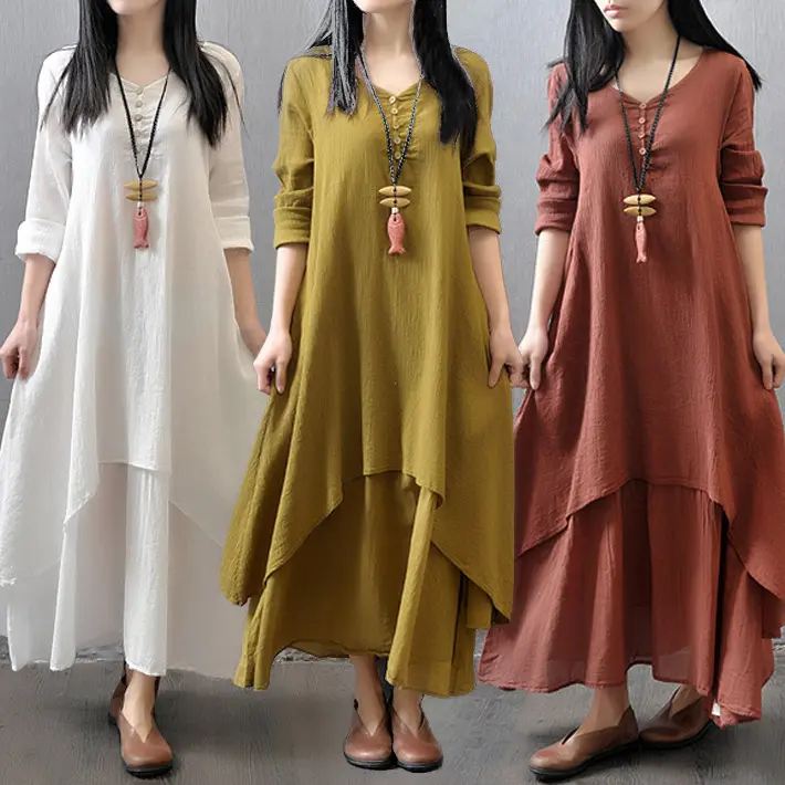 2023 Loose Cotton Long Dress Korean Style Ladies Elegant Cotton Linen Loose Dress Summer Casual Dresses Natural OEM Service