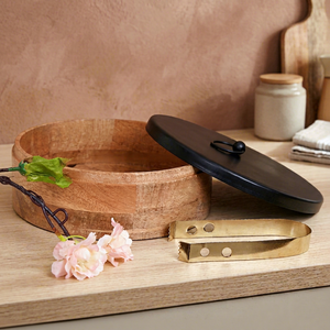 Handcrafted Wooden Chapati Box Round With Black <b>Lid</b> Minimalist Design Durable Kitchen Storage Container - Product Image 1