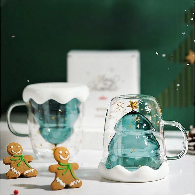 Taza de vidrio de borosilicato de 300 ML resistente al calor, taza de café de vidrio de doble pared para árbol de Navidad