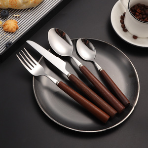 304 Stainless Steel Round Wooden Handle Flatware <b>Set</b>, Steak Knife Fork Dinner Dessert Spoon Hotel Cutlery Kit - Product Image 4