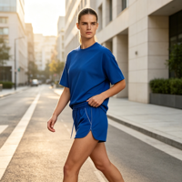 Ensemble de survêtement décontracté 2 pièces pour femme Kuest, coupe ample, bleu uni, manches courtes, 100 % polyester, lavable en machine