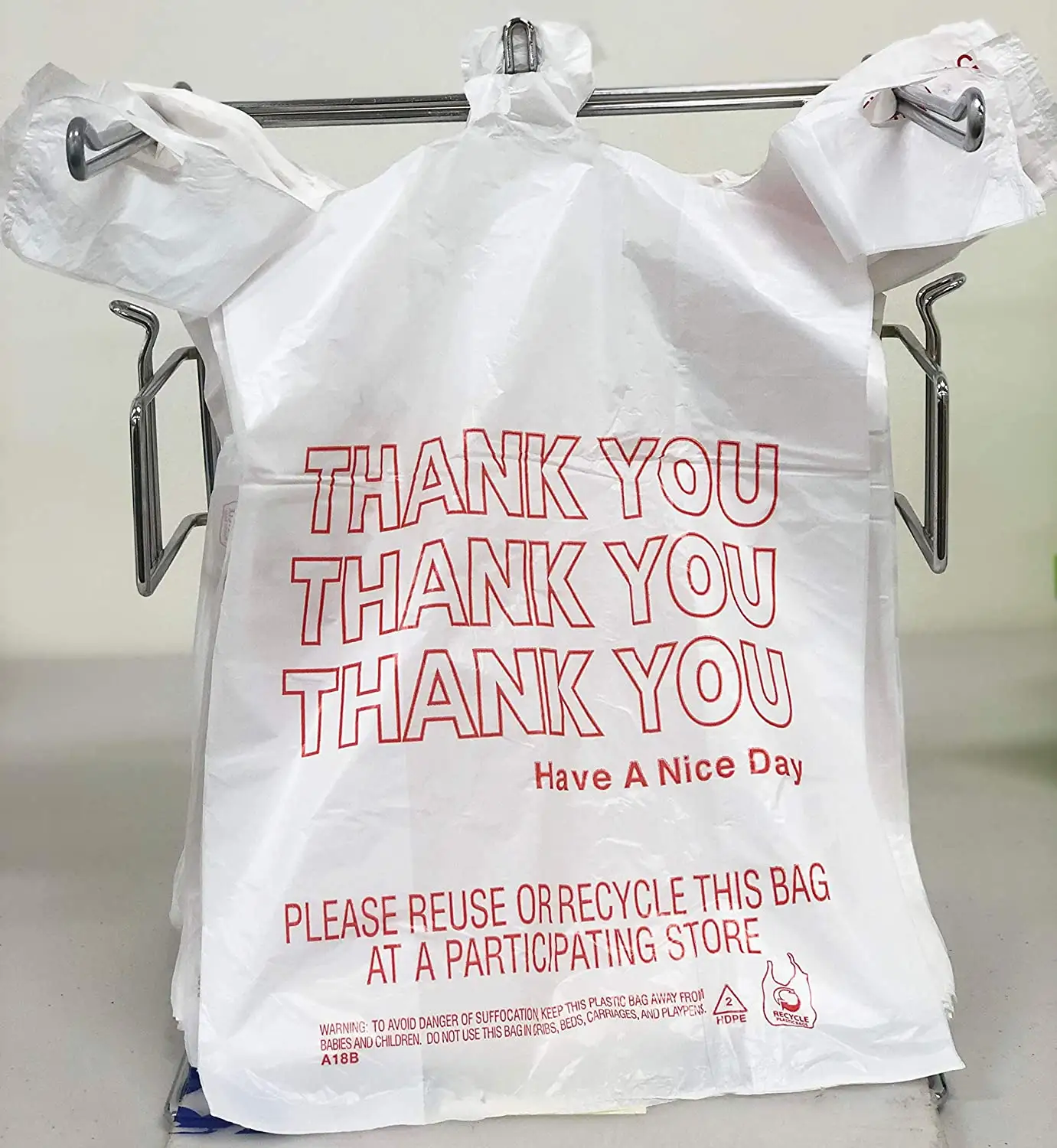 Bolsas de plástico para compras de restaurantes, bolsas de 11,5 "x 6,5" x 21 ", camisetas Thank You