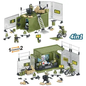 4-in-1 Plastic Army Base Building Set Military House with Combat Spike Operation Center and Soldiers for War Roleplay Toy
