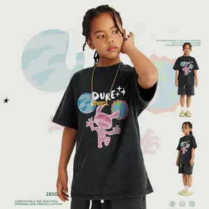 Sokak Hip Hop çocuk moda marka yıkanmış eski çocuk kısa kollu T-shirt canavar karikatür baskılı Unisex çocuklar T-shirt