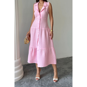 Elegante Vestido Camisero Rosa de Muselina sin Mangas con Cuello para Mujer, Abotonado al Frente, Largo hasta la Rodilla, para Oficina o Fiesta, Tallas XS-XL, con Decoración Fruncida - Product Image 4