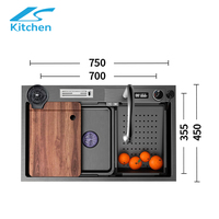 Évier de cuisine moderne fait à la main fente unique LED affichage numérique 304 acier inoxydable cascade robinet carré intelligent multifonction