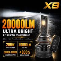 Ampoule de phare LED P65 X8 contrôlée par application, 200W, tricolore, clignotante, H4 H7 9005, IP67, aluminium CSP, éclairage automobile