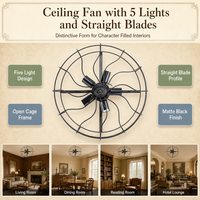 Ventilateur de plafond vintage en fer Guanghua avec 5 supports de lampe, ventilateur industriel à pales droites pour la décoration de la maison