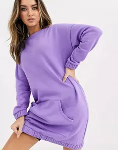 Newest Long Sleeve Hoodie Sweatshirt Dress For Women Front Pocket Sweat Dress
