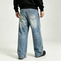 Jean en denim délavé bleu pour homme, coupe ample et large, effet usé, cinq poches, style streetwear, OEM, vente en gros