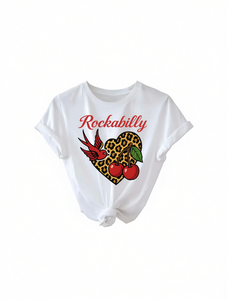 T-shirt da donna taglie forti Rockabilly a maniche corte girocollo in cotone con stampa leopardata a cuori e ciliegie, casual, per primavera estate - Product Image 1