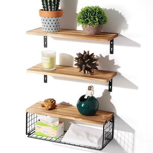 Wall Mounted Wooden Storage Rack 3 Tier Iron Wood Combined Floating <b>Shelf</b> For Kitchen Living Room Plant Display - Product Image 1