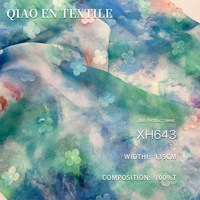 Tissu en polyester 100% à dégradé bleu et vert, effet tie-dye, tissu scintillant avec broderie de petites fleurs en trois dimensions