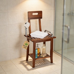 Tabouret de douche en teck avec dossier, rangement double couche, siège antidérapant pour personnes âgées - Product Image 2