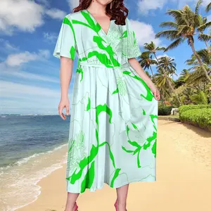 Faldas de vestir de talla grande para mujer, ropa personalizada verde hawaiana puletasi tribal, Vestido de playa y vacaciones