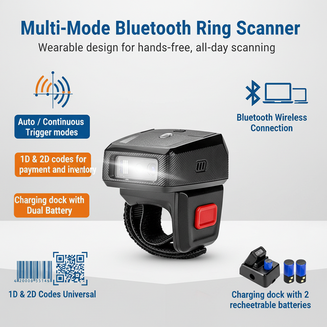 Netum BT Finger Barcode Fingerprint Scanner Efficient MINI Scanner Wearable for Express Logistics RS-8000BT RS-9000BT