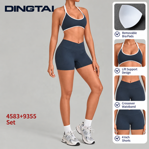 Completo Sportivo Due Pezzi con Cut-out e Halter per Donna, Reggiseno Color Block e Shorts con Schiena a V da 4 Pollici per <span class=keywords><strong>Palestra</strong></span>, Yoga e Allenamento - Product Image 4