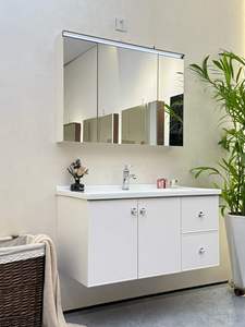 Modern Wall-Mounted Bathroom Vanity with LED <b>Mirror</b> Ceramic Basin MDF Minimalist Design Soft Closing Doors - Product Image 2