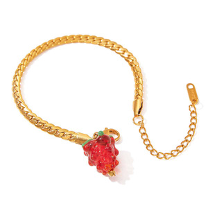 Retro Hong Kong Style Women's <b>Bracelet</b> 18K Gold Plated Stainless Steel <b>Red</b> Glass Grape Charm Jewelry Gift - Product Image 1