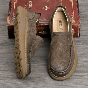 Mocassins en cuir véritable pour hommes, bout rond, à enfiler, semelle épaisse, respirants, chaussures décontractées de printemps - Product Image 2