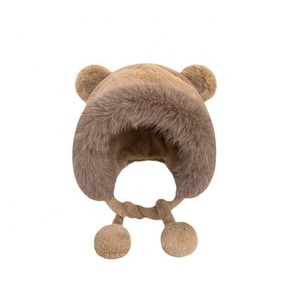 Nouveau 2023 hiver mode mignon dessin animé ours dame grand à capuche trois boules de fourrure acrylique épais polaire tricoté en peluche bonnet chapeau - Product Image 2